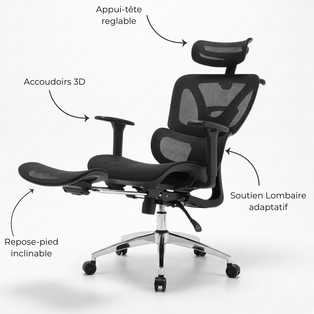 ErgoStudio Pro – Chaise Ergonomique Haute avec Accoudoirs 3D et Repose-Pieds