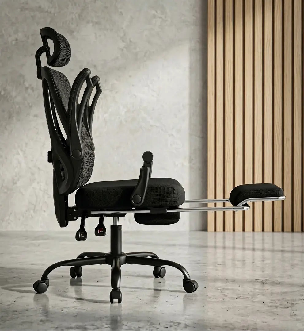 Chaise de bureau inclinée à 135 degrés avec repose-pieds déployé pour une position de relaxation.