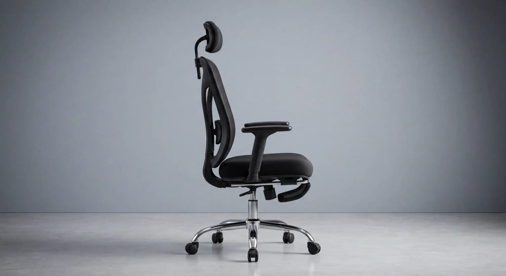 Profil de la chaise ErgoStudio Pro montrant le soutien lombaire dynamique et l'inclinaison du dossier.