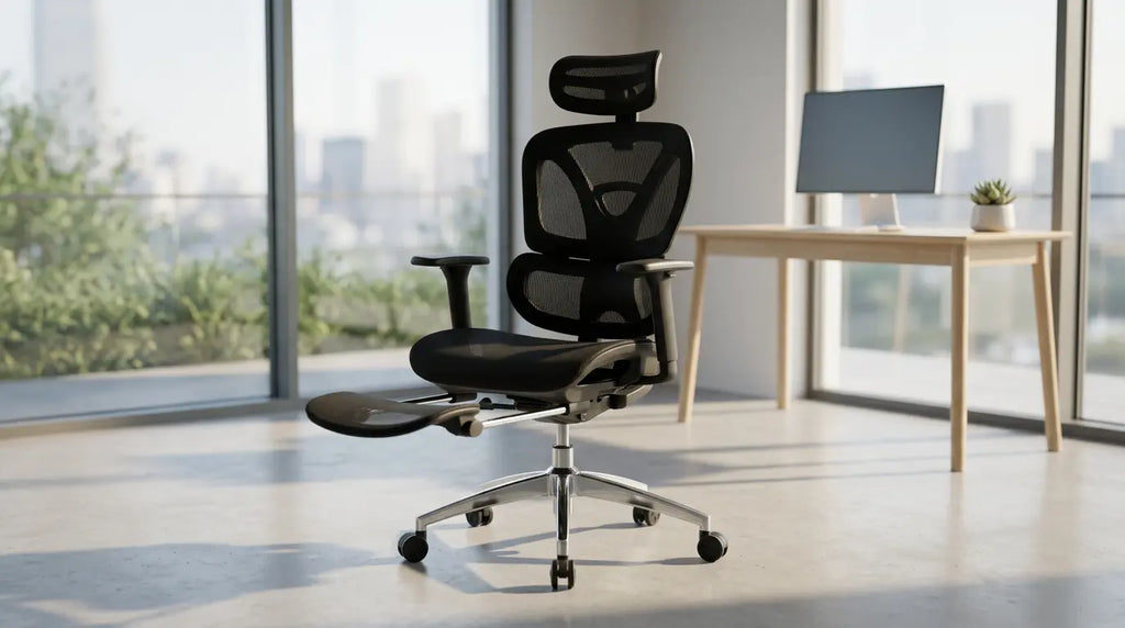 Mode détente de l'ErgoStudio Pro avec dossier incliné à 135 degrés et repose-pieds sorti.