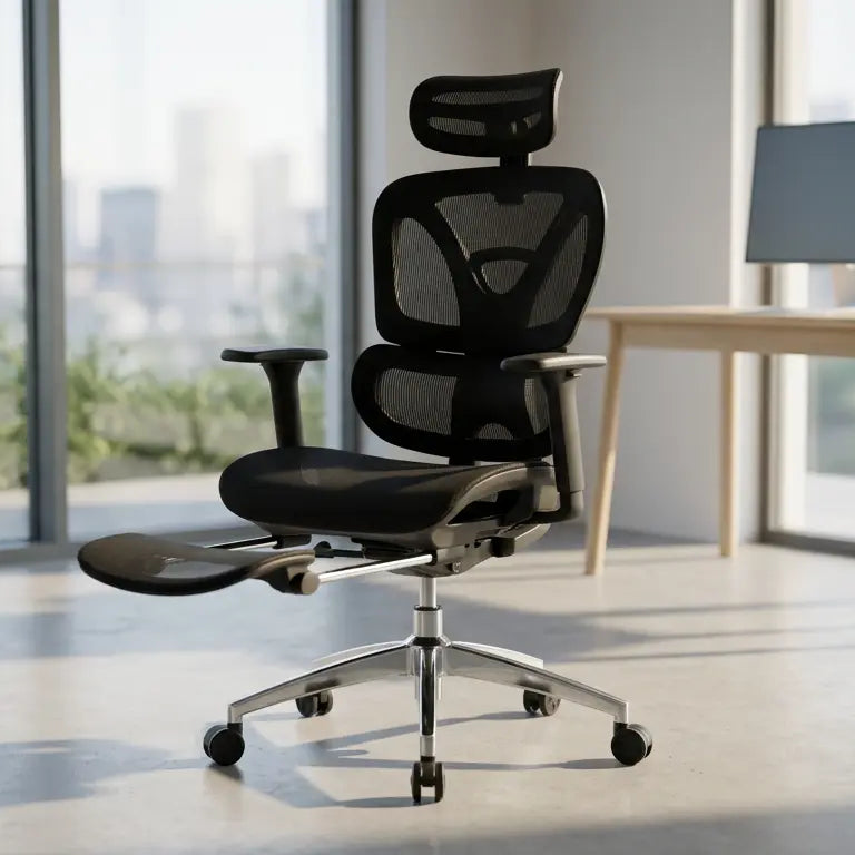 Mode détente de l'ErgoStudio Pro avec dossier incliné à 135 degrés et repose-pieds sorti.