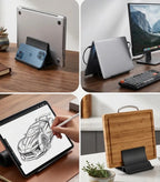 Vue latérale en gros plan du support vertical ErgoStudio montrant comment le mécanisme de gravité sécurise le MacBook inséré.