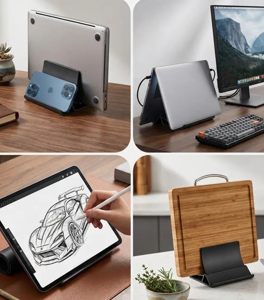 Vue latérale en gros plan du support vertical ErgoStudio montrant comment le mécanisme de gravité sécurise le MacBook inséré.