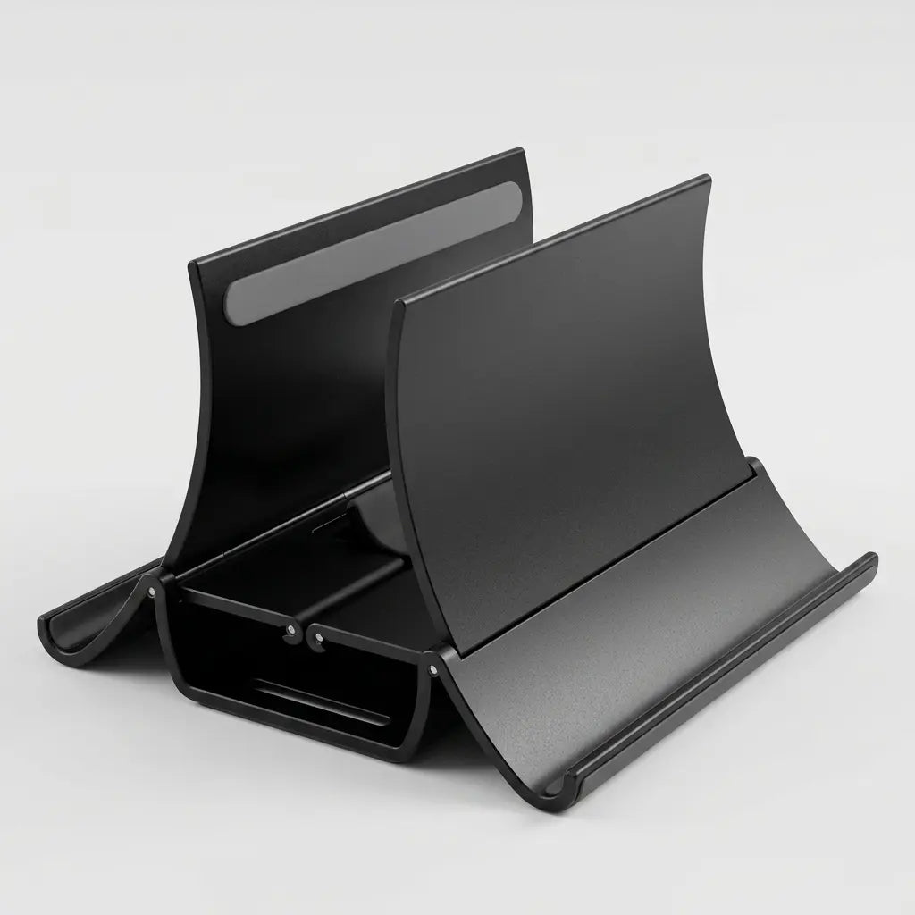 Gros plan sur l'intérieur des mâchoires du support vertical ErgoStudio, montrant les pads en silicone antidérapants pour protéger l'ordinateur des rayures.