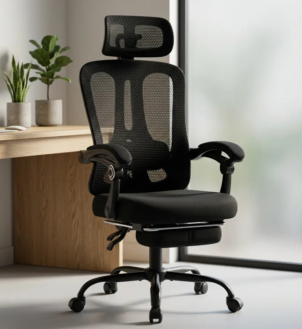 Fauteuil de bureau ergonomique avec dossier en maille respirante et appui-tête réglable.
