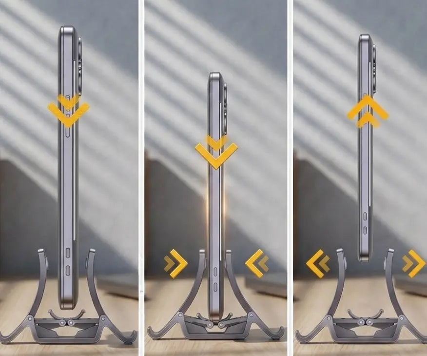 Vue latérale en gros plan du support vertical ErgoStudio montrant comment le mécanisme de gravité sécurise le MacBook inséré.