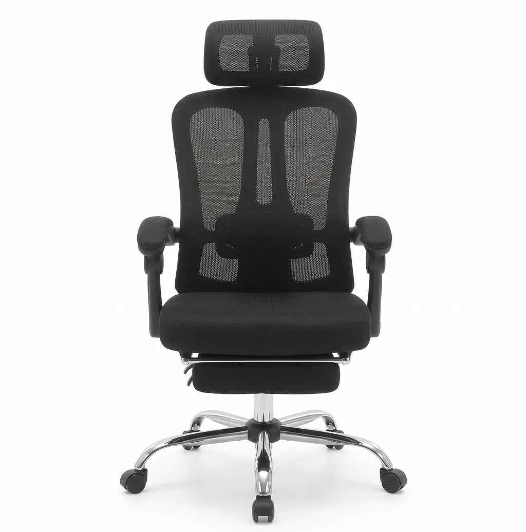 Chaise de bureau ergonomique ErgoStudio Signature noire avec repose-pieds escamotable intégré.