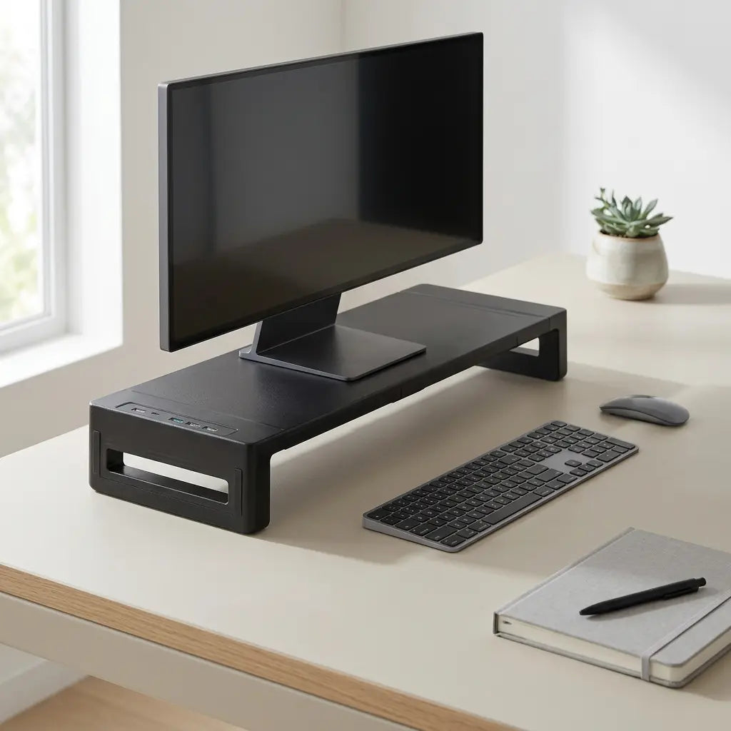 Détail du hub latéral du support d'écran avec ports USB de charge rapide et transfert de données haute vitesse.