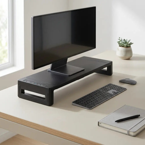 Détail du hub latéral du support d'écran avec ports USB de charge rapide et transfert de données haute vitesse.