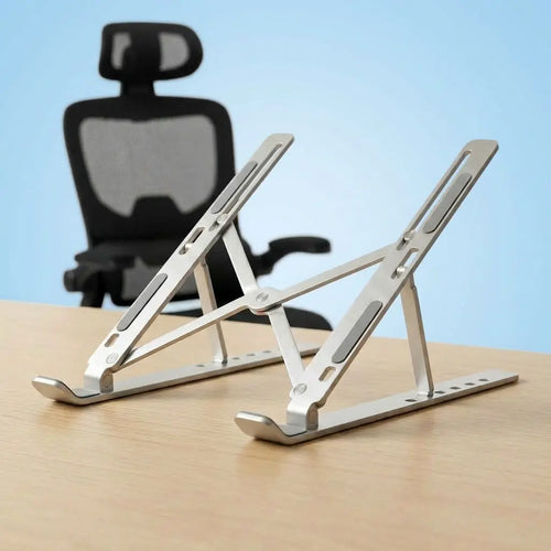 Détail du mécanisme de réglage à 6 crans pour ajuster l'angle de vision du support laptop ErgoStudio.