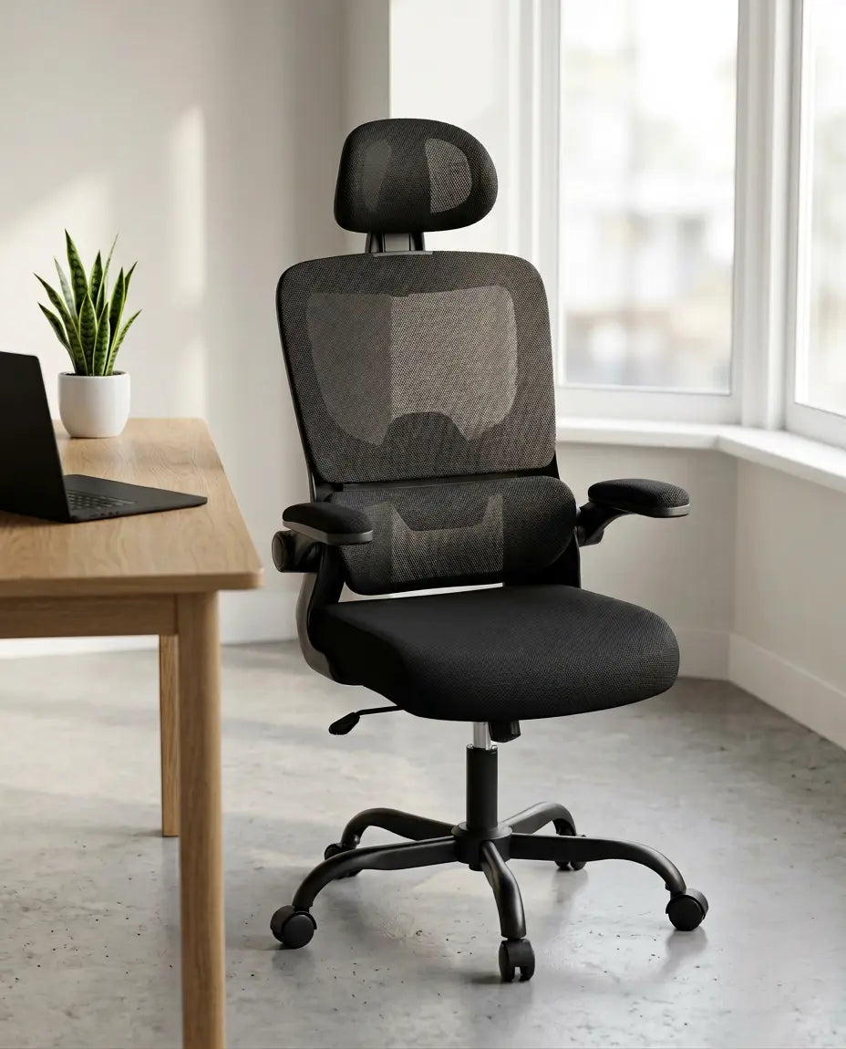 Profitez d'un siège de bureau pas cher avec accoudoirs relevables pour gagner de la place chez vous.