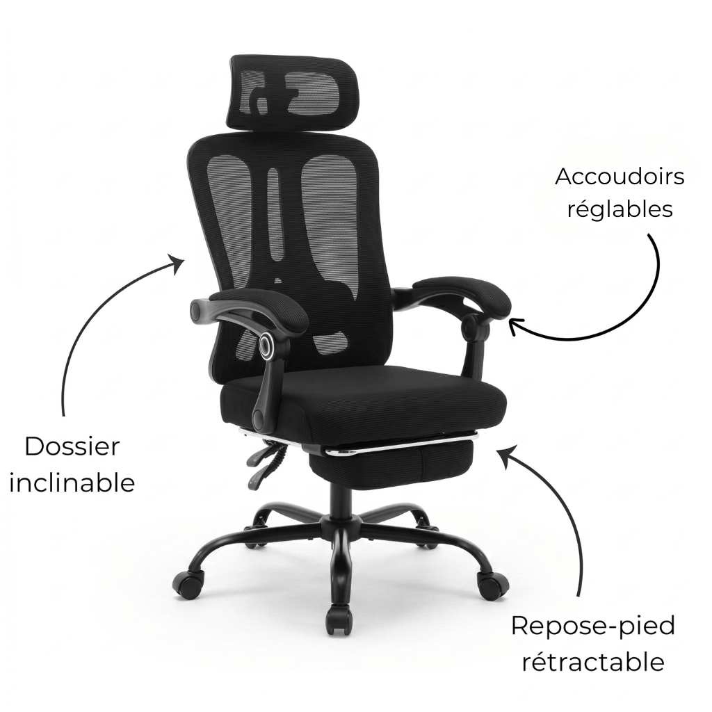 ErgoStudio Signature – Chaise Ergonomique Inclinable avec Repose-Pieds
