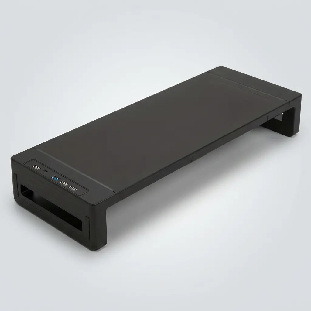 Support de moniteur pliable ajustable sur 3 longueurs différentes pour s'adapter à la taille du poste de travail.