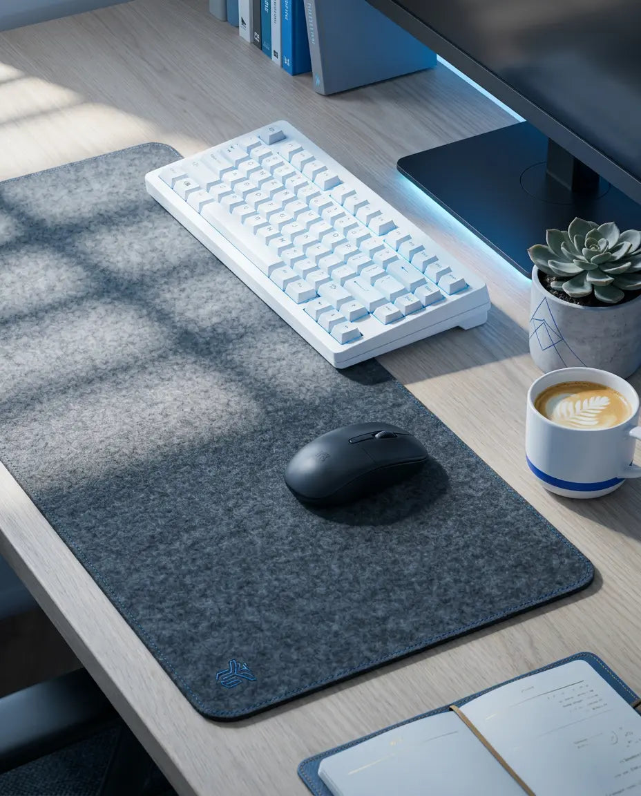 Détail de la texture premium en feutre de laine de 3 mm d'épaisseur du sous-main ErgoStudio noir.