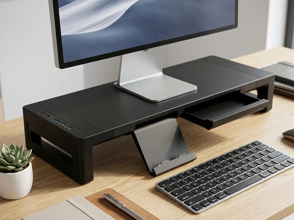 Tiroir de rangement coulissant et support pour téléphone portable intégrés au rehausseur d'écran.